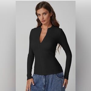 QINSEN Long Sleeve Black Shirt Half Zipper Ribbed Knit Tee Size Medium